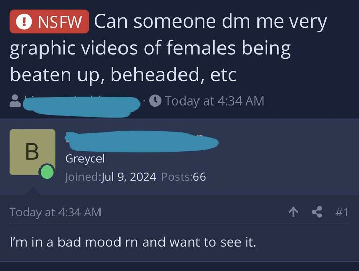 Screenshot of an online post in a community that shames misogynistic incels discussing graphic violent content requests.