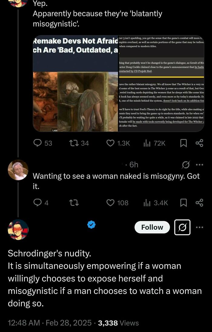 Screenshot of social media posts discussing misogyny and nudity, part of a community shaming misogynistic incels.
