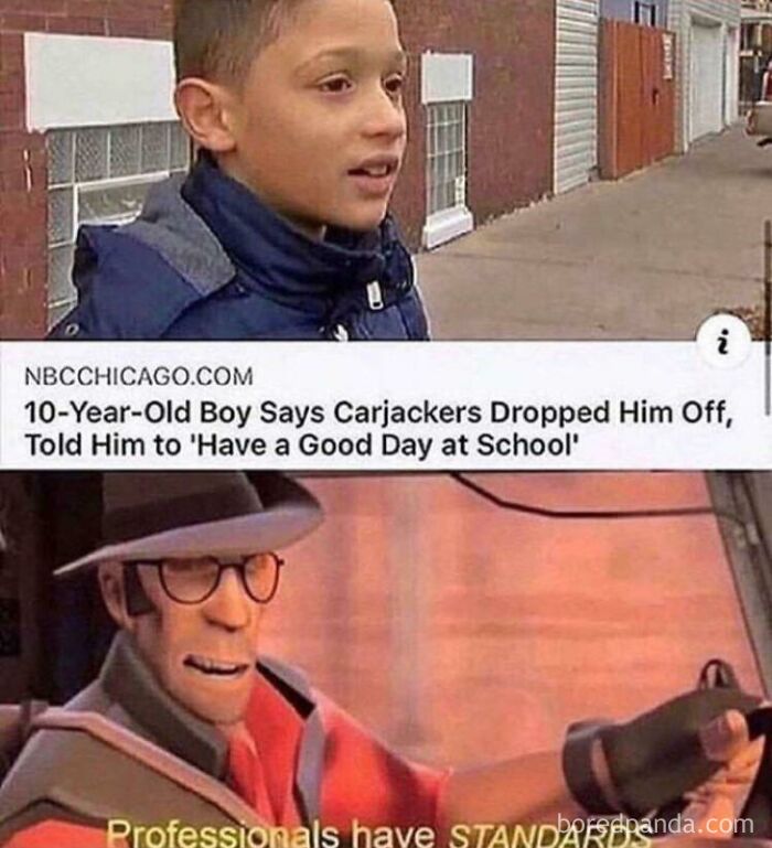 Boy shares wholesome story of carjackers dropping him off at school, paired with animated character emphasizing professional standards.