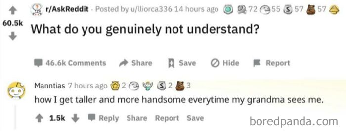 Reddit post asking what people don’t understand, with a wholesome reply about feeling taller and handsome when grandma sees them.