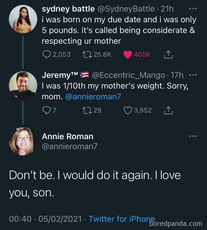 Twitter conversation showing wholesome memes about birth weight and motherly love in unexpected wholesome memes.