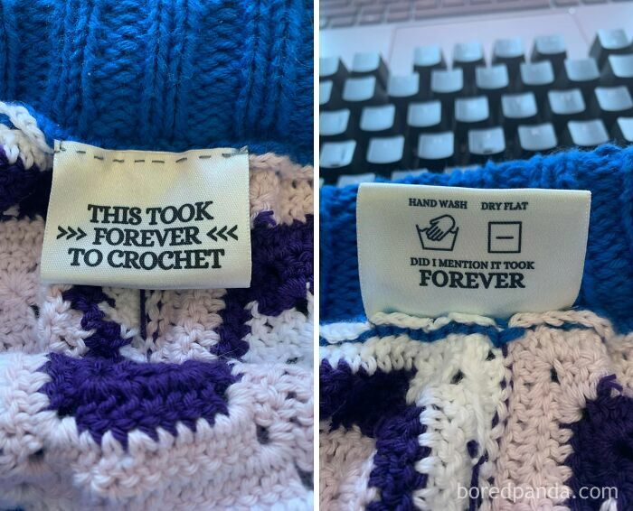Close-up of handmade crochet labels highlighting the time and care taken, fitting the theme of wholesome memes.