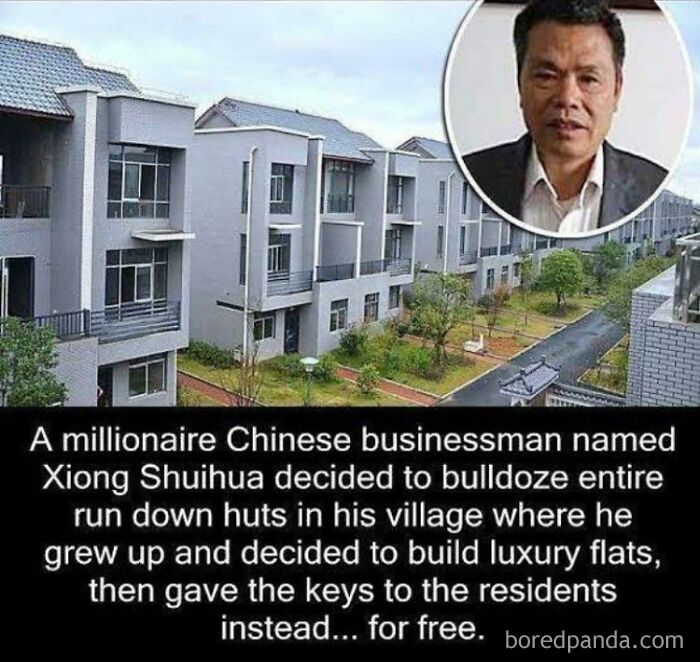Chinese businessman bulldozes rundown huts to build luxury flats and gives keys to villagers for free in a wholesome meme.