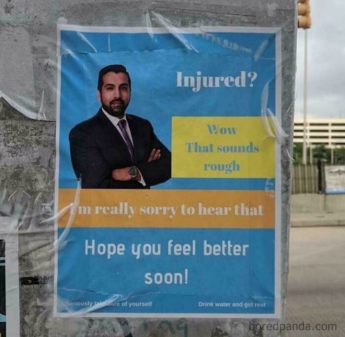 Man in a suit on a humorous injury poster offering wholesome and supportive messages for feeling better soon.