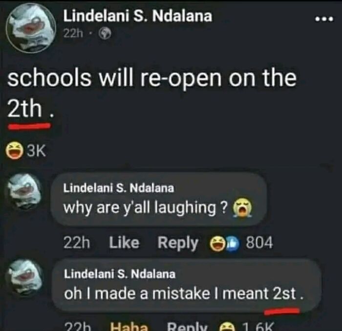 Social media post with spelling mistakes showing a humorous example of when people's brains gave up on thinking.