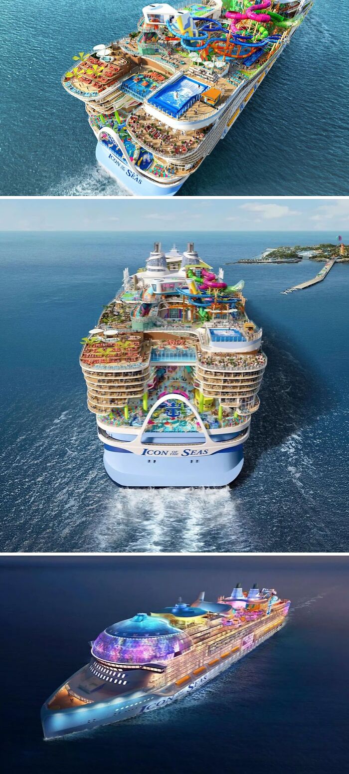 A scarily big cruise ship with multiple decks, waterslides, pools, and vibrant nighttime lights on the ocean.