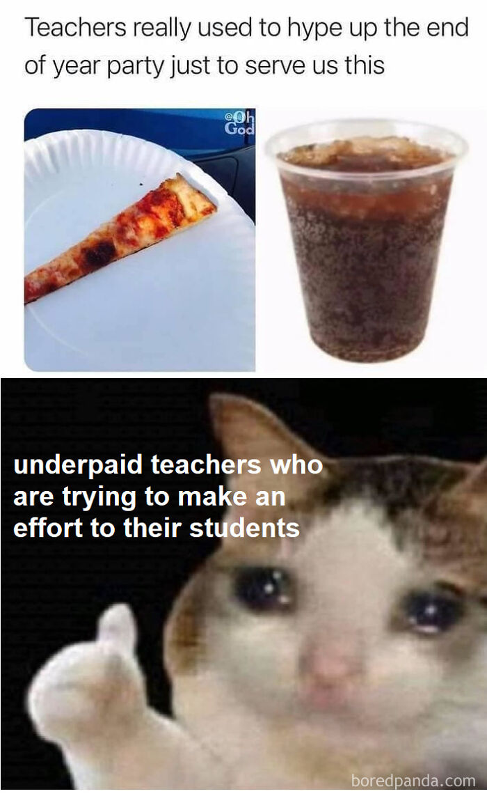 Slice of pizza and soda on a plate with a cat giving thumbs up representing wholesome memes about teachers' efforts.
