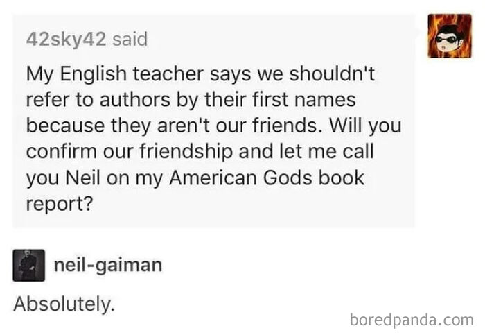 Screenshot of a wholesome meme exchange about friendship and authors, featuring Neil Gaiman replying simply.