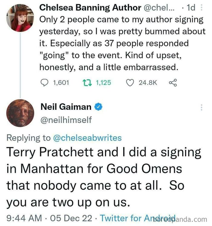 Tweet exchange about author signings with few attendees, illustrating memes that took an unexpected wholesome turn.