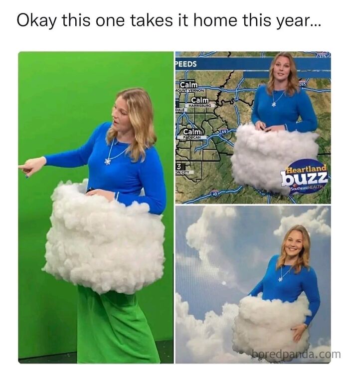 Weather reporter wearing a cloud costume on green screen, showing calm weather for a wholesome meme moment.