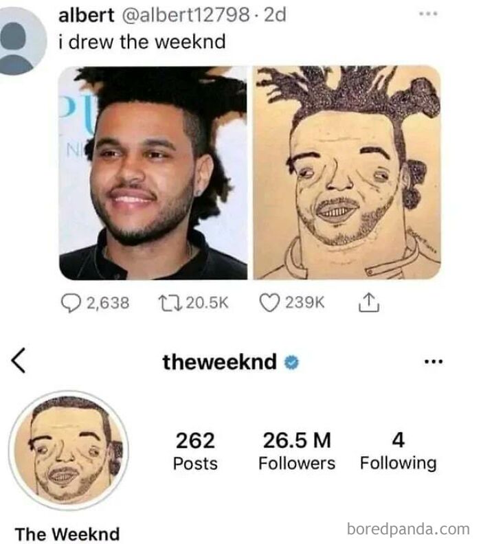 Meme showing a humorous drawing of the Weeknd with a surprising wholesome social media response.