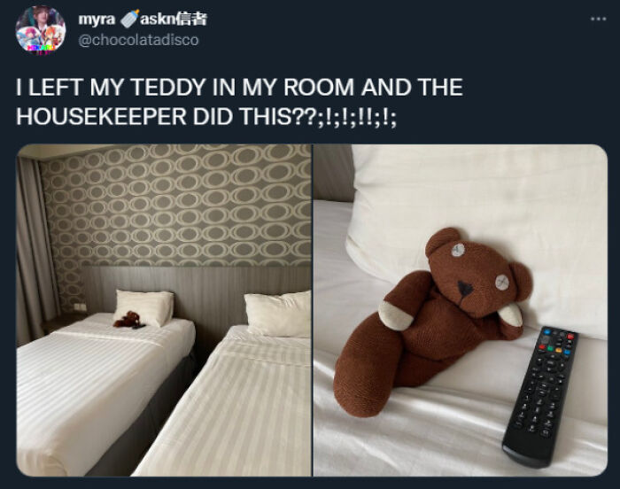 Teddy bear arranged by housekeeper on a bed next to a remote, showing a wholesome meme moment.