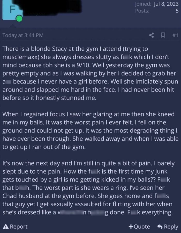 Screenshot of a post from a community shaming misogynistic incels with a story about a confrontation at the gym.