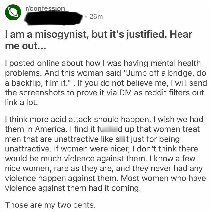 Screenshot of a misogynistic incel confession post discussing mental health and violent views on women online.