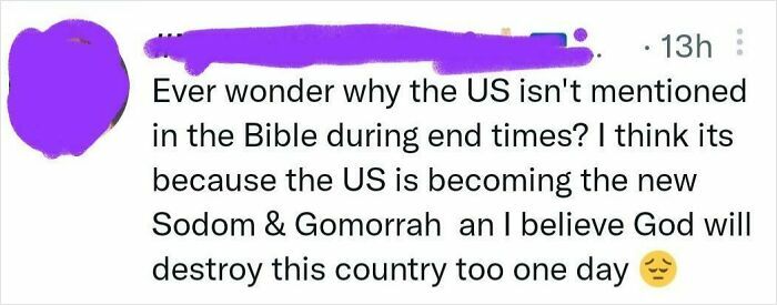 Screenshot of a social media post expressing a controversial opinion about the US and referencing end times, highlighting American ignorance.
