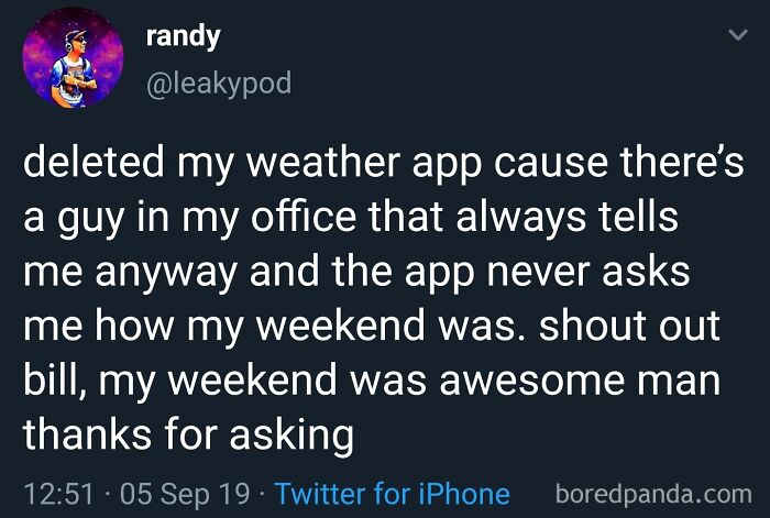 Tweet about deleting a weather app due to a caring coworker, showcasing unexpected wholesome memes and moments online.