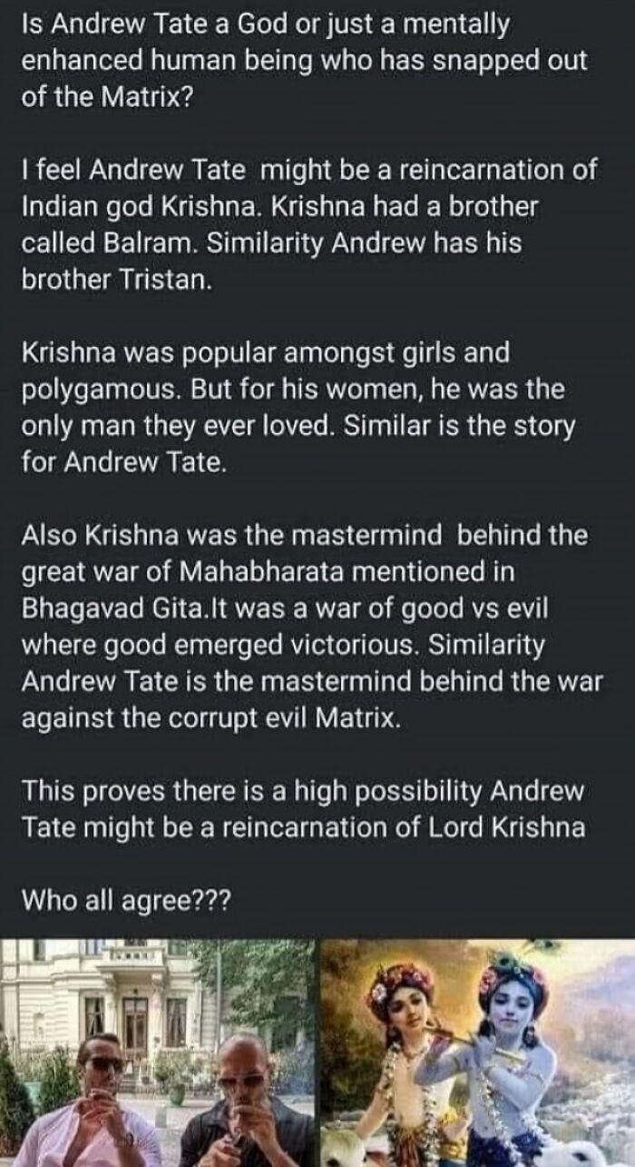 Text post discussing Andrew Tate as a reincarnation of Krishna, featured in a misogynistic incels shaming community.