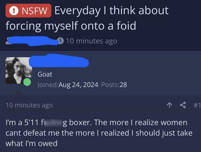 Screenshot of a misogynistic incel post expressing violent thoughts, part of a community shaming misogynistic incels.