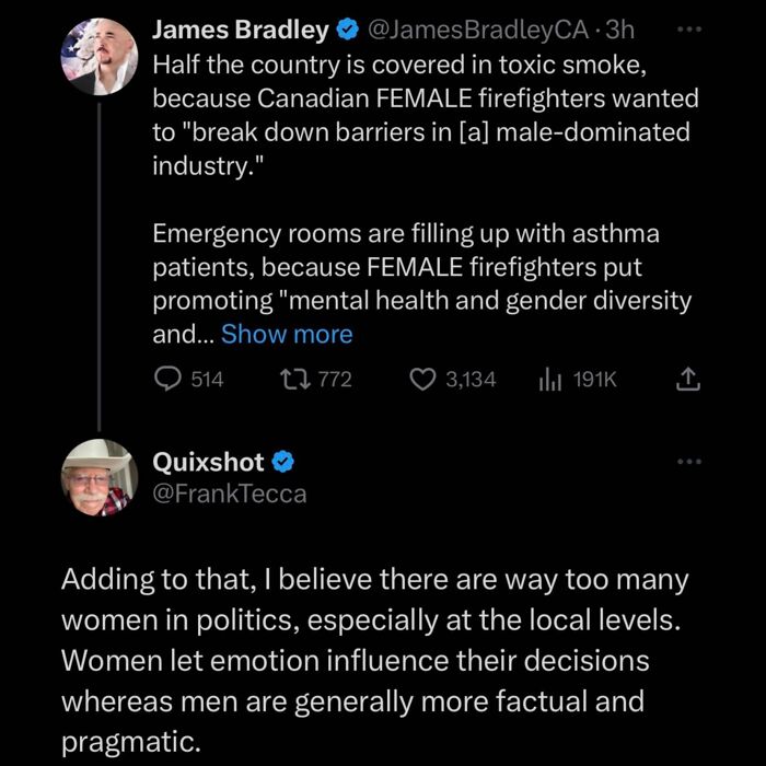 Screenshot of social media posts discussing female firefighters and women in politics related to misogynistic incel community shaming.