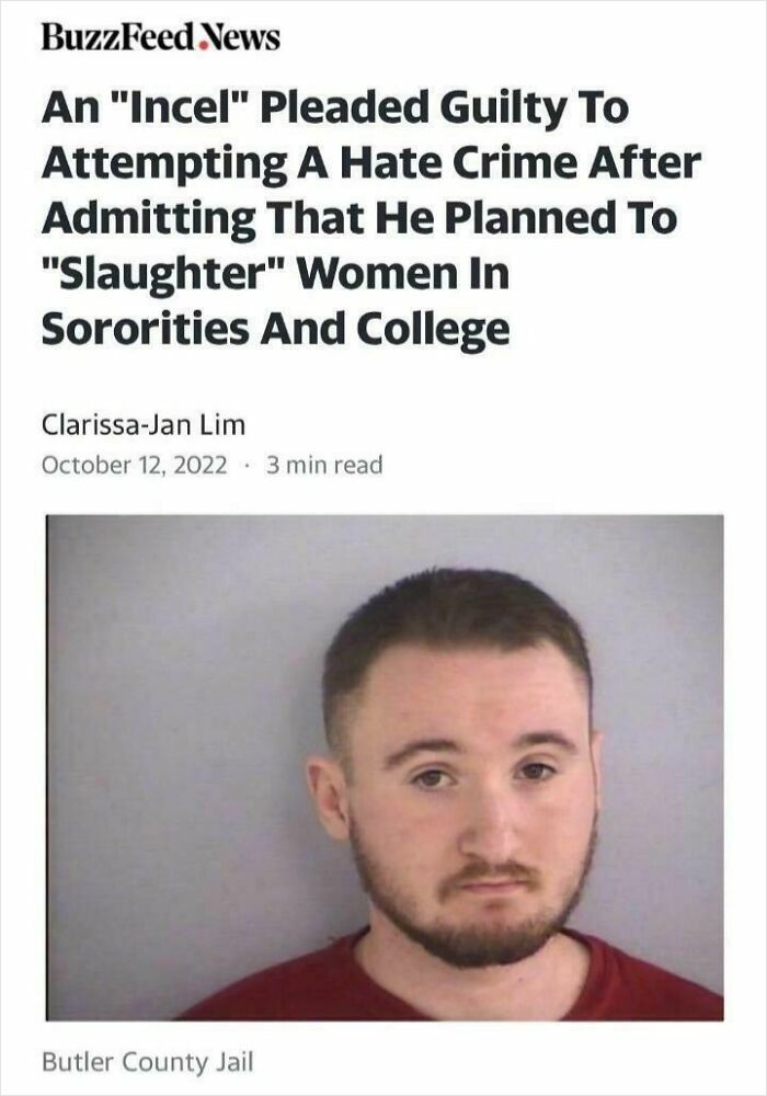 Mugshot of an incel who pleaded guilty to attempting a hate crime targeting women in sororities and college settings.