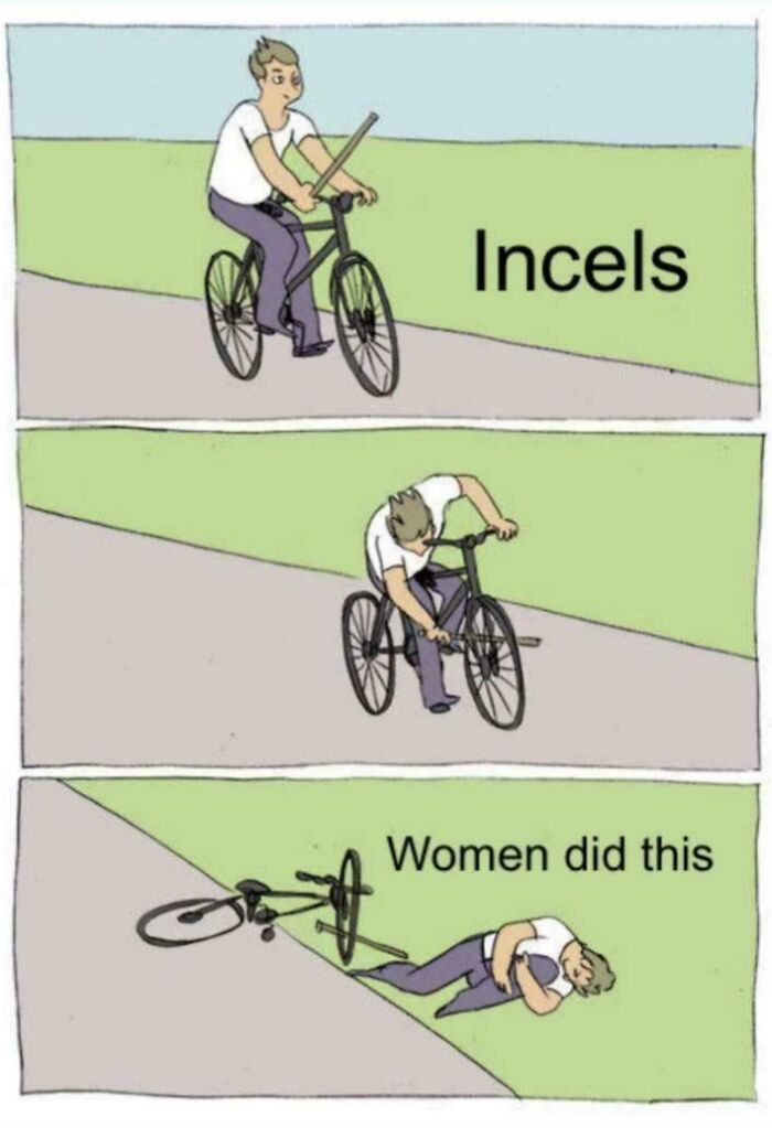 Illustration of a person on a bike labeled incels who harms themselves and blames women, referencing misogynistic incels.