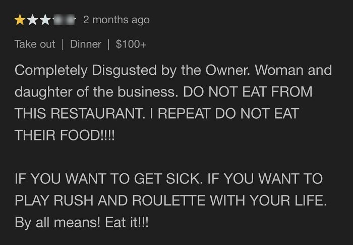 Negative online review expressing disgust with restaurant owner and warning about bacteria and food safety risks.