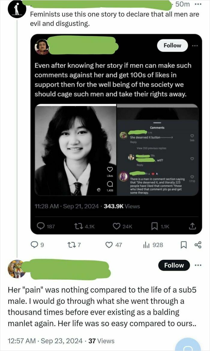 Screenshot of online community posts shaming misogynistic incels with comments condemning harmful behavior.