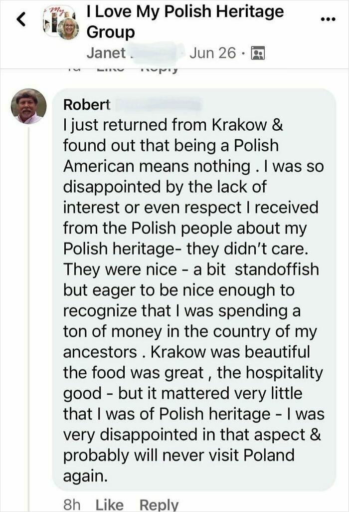 Facebook comment showing an American disappointed by Polish people's indifference to his Polish heritage visit.