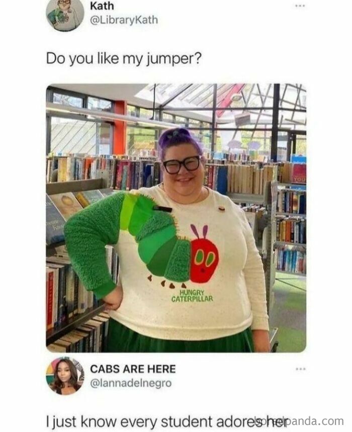 Person in a library wearing a creative Hungry Caterpillar jumper with a 3D sleeve, showcasing wholesome feel-good fashion.