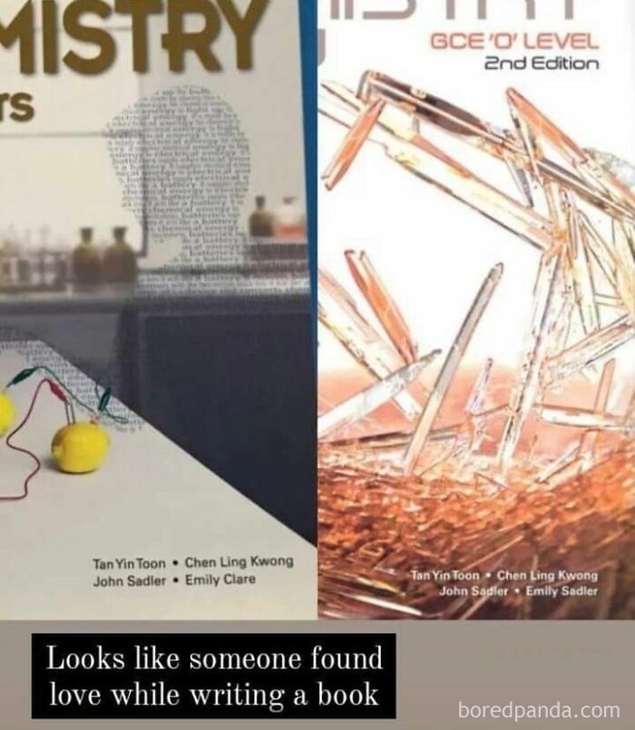 Chemistry book covers shown side by side with a wholesome meme about finding love while writing a book.