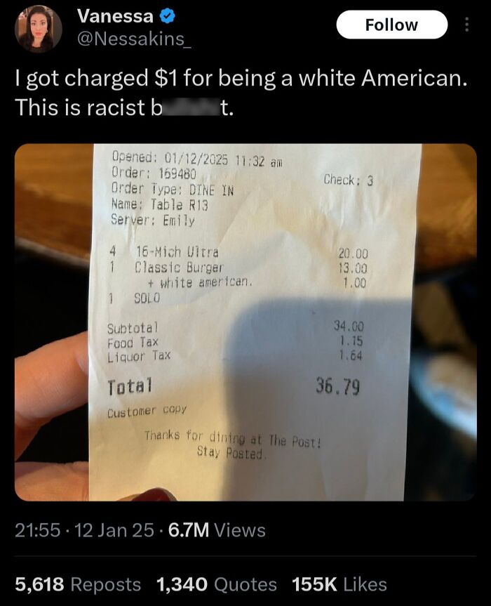 Tweet showing a restaurant receipt charging an extra dollar for a white American, highlighting ignorance of Americans.