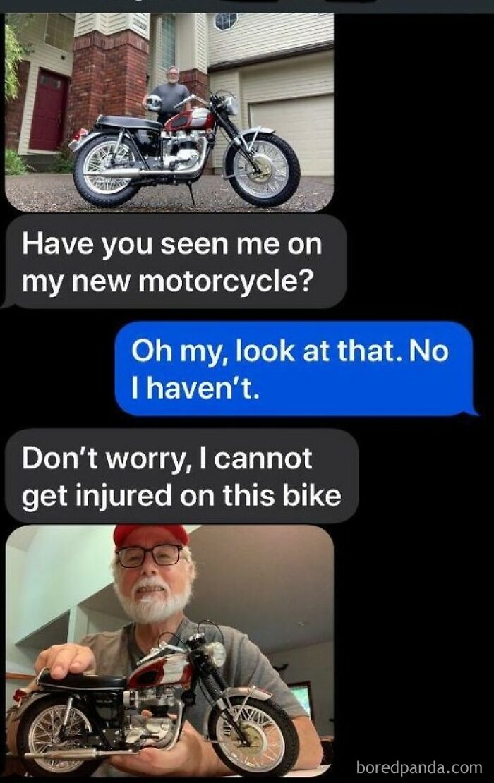 Man humorously shows a miniature motorcycle, a wholesome meme with an unexpected wholesome turn message.