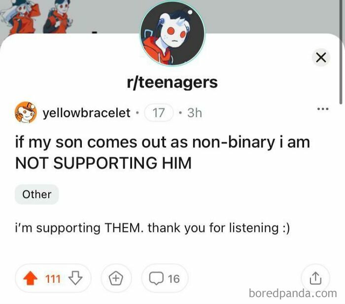 Reddit post showing a wholesome meme about supporting non-binary identity, highlighting unexpected wholesome memes.