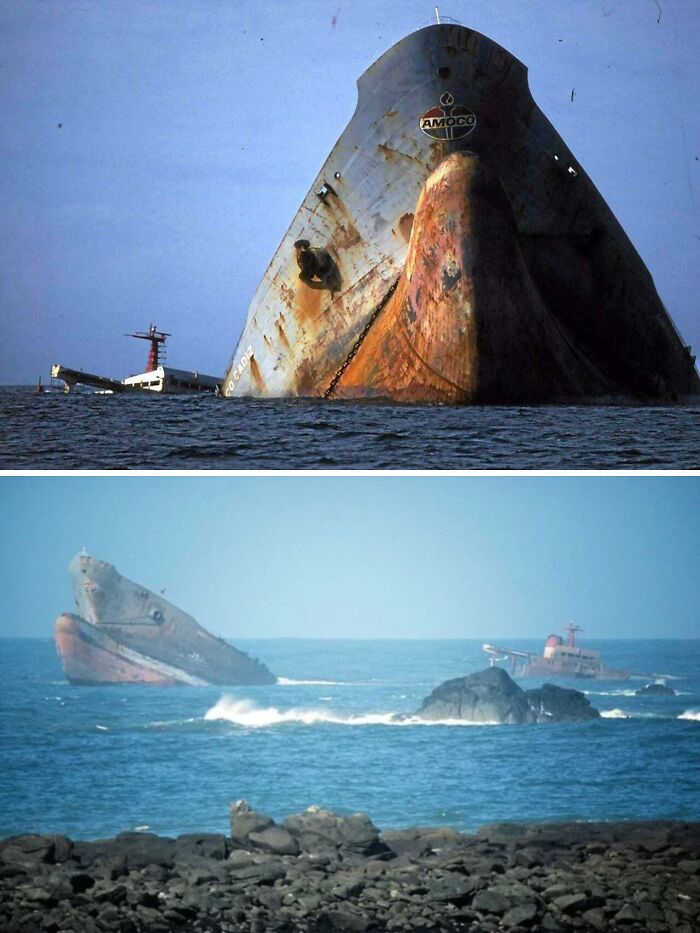 Partially sunken shipwrecks in the ocean, showcasing scarily big structures related to megalophobia.