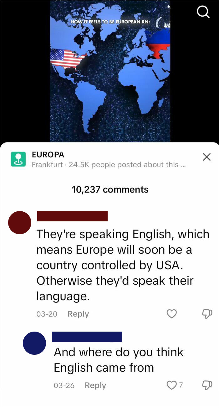 World map showing Europe and USA with comments reflecting ignorance of Americans on language origins.