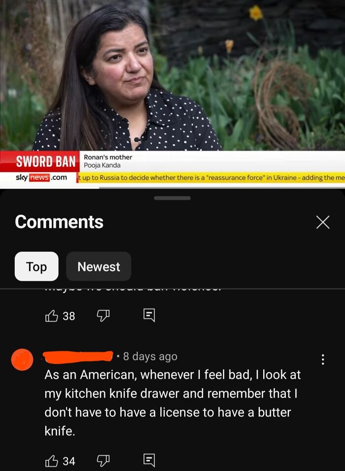 Woman being interviewed in a garden setting with comments discussing American ignorance and knife licensing laws.