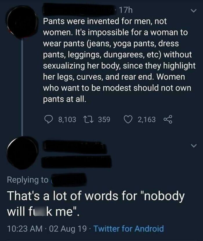 Screenshot of a sexist tweet about women wearing pants, highlighting sexist attitudes in men from a controversial list.