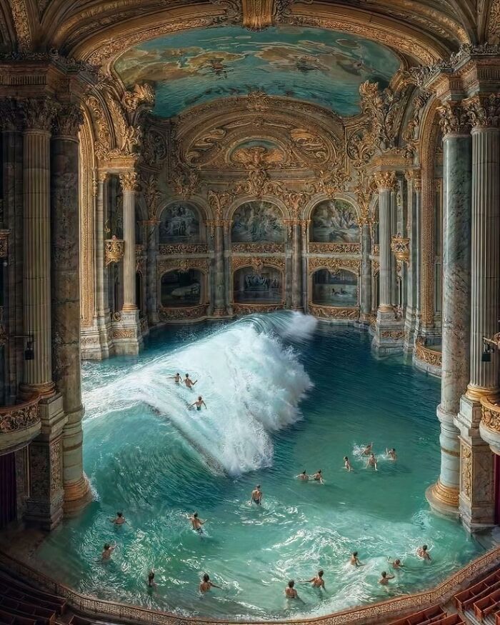 Ornate indoor pool with massive waves and swimmers, illustrating the concept of megalophobia and scarily big scenes.