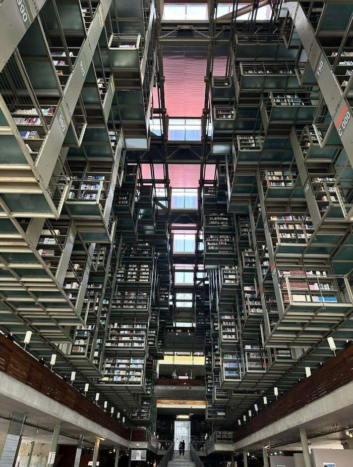 Massive multi-level library shelves towering inside a modern building, showcasing megalophobia with its scarily big structure.