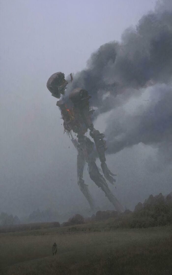 Massive burning robot towering over a lone figure in a foggy landscape, evoking megalophobia fear of huge objects.