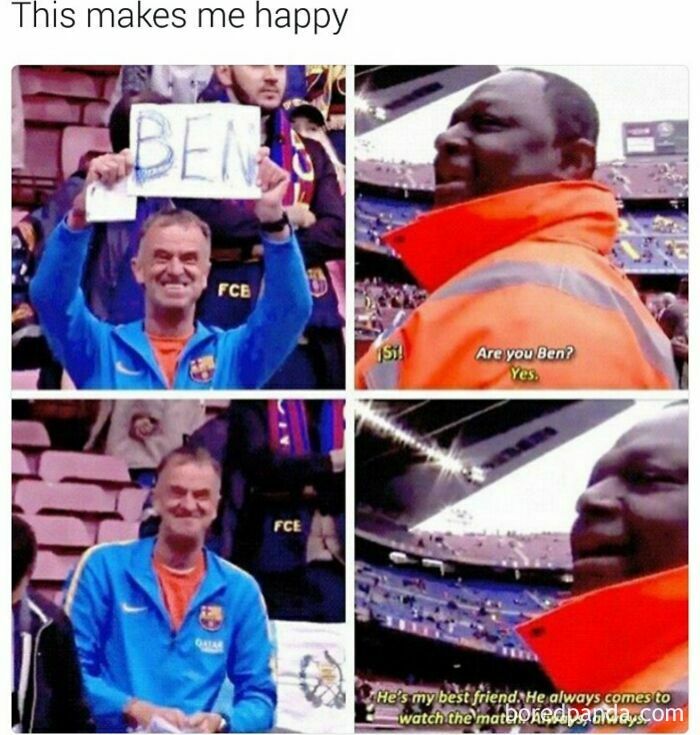 Man holding a sign with the name Ben, security guard happily confirming Ben is his best friend at a stadium.
