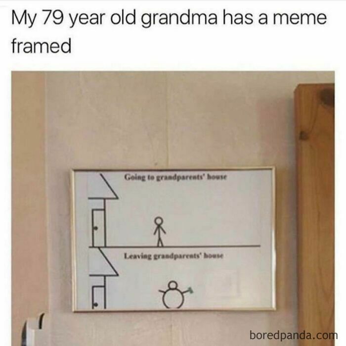 Framed wholesome meme showing a stick figure visiting grandparents, highlighting unexpected wholesome memes keyword.