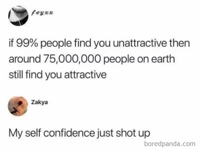 Positive meme about self confidence boosting with a wholesome turn reflecting on attraction and encouragement.