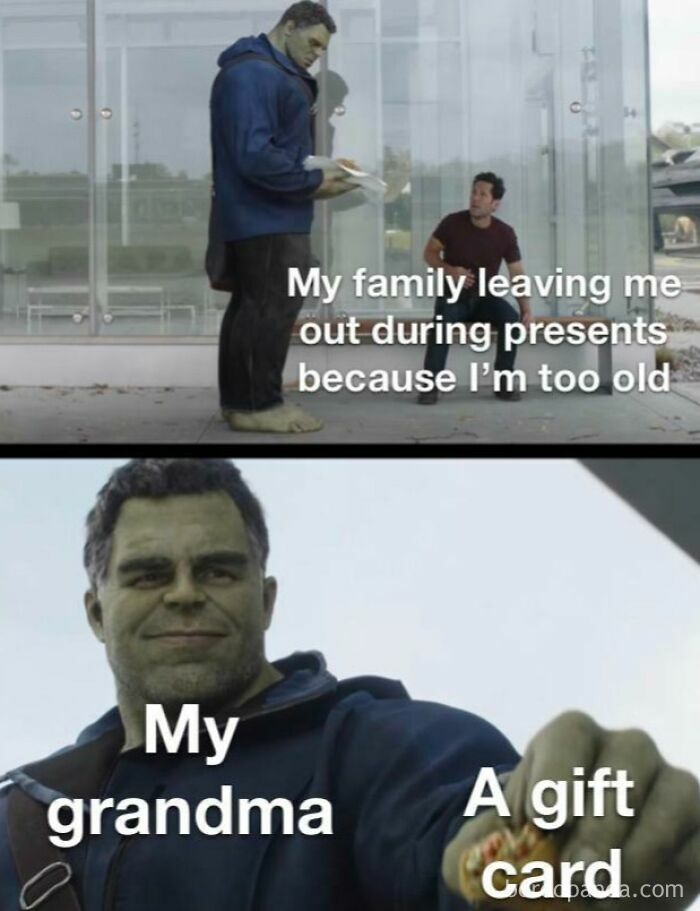 Hulk and Ant-Man meme showing a wholesome gift card surprise from grandma with unexpected wholesome memes theme.