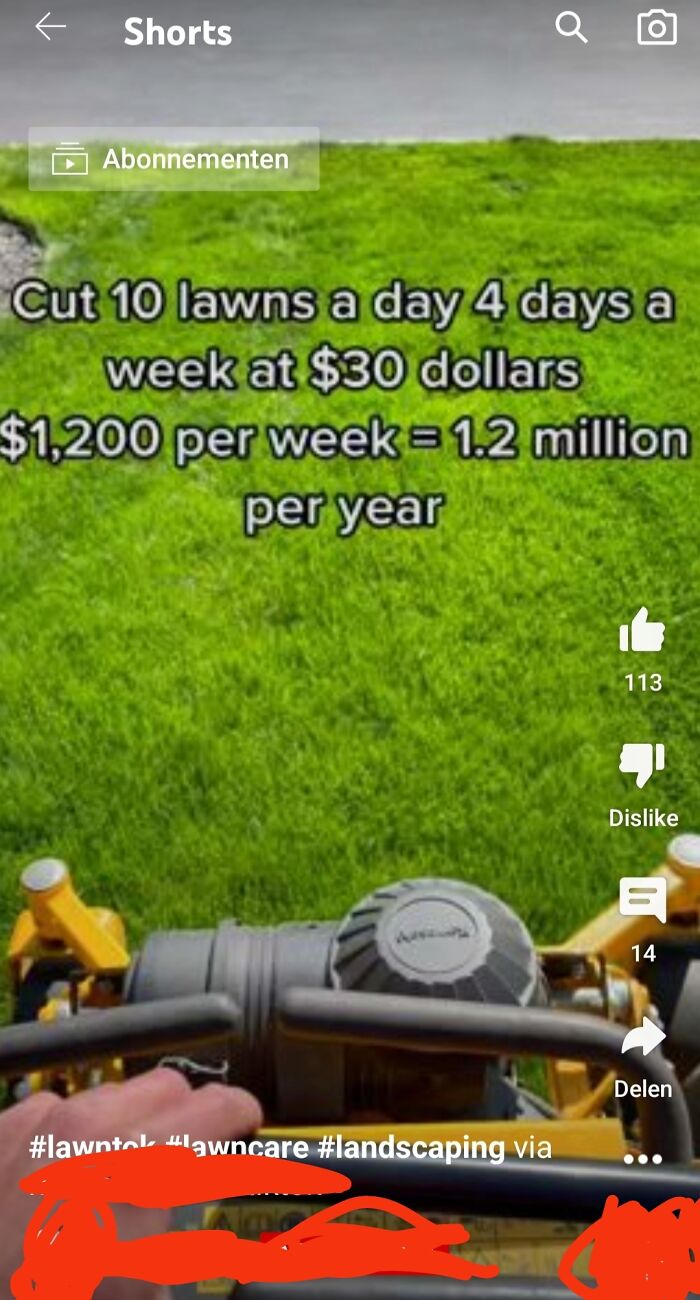 Lawn mower cutting grass with text showing incorrect math, highlighting moments when people's brains gave up on thinking.