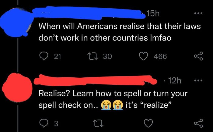 Social media exchange highlighting ignorance of Americans with a focus on spelling and cultural misunderstandings.
