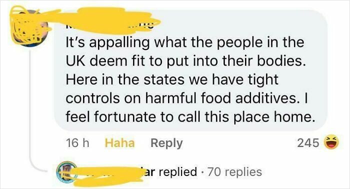Comment showing ignorance of Americans about UK food regulations, highlighting lack of knowledge and misconceptions online.