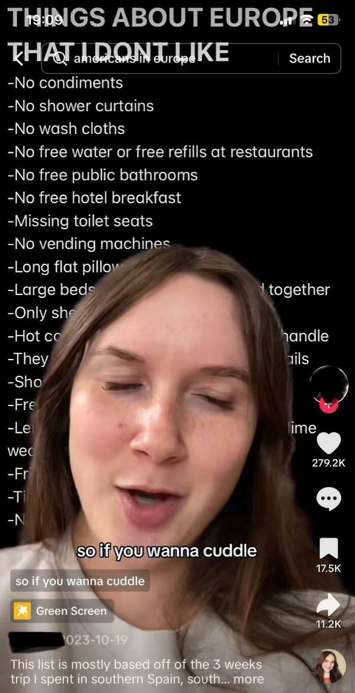 Young woman using green screen effect with text about ignorance of Americans about Europe limitations and customs.