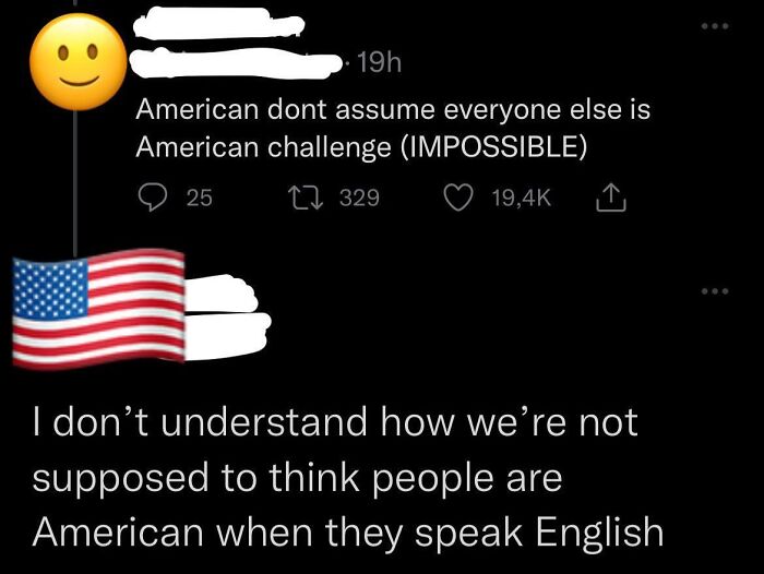 Screenshot of a Twitter conversation highlighting American ignorance about assuming English speakers are American.