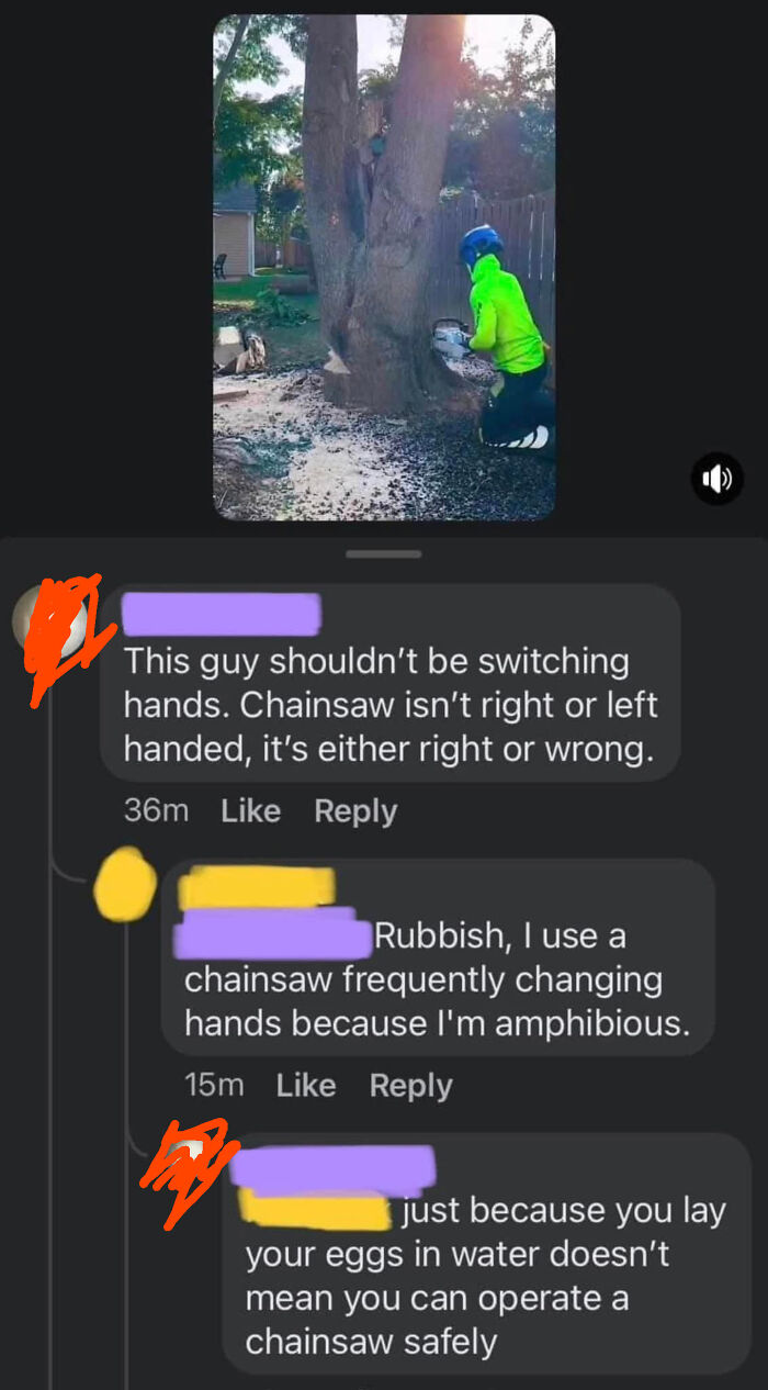 Person in bright green jacket using a chainsaw on a tree while commenters debate chainsaw safety and usage.
